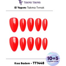Takma Takma 10'lu Kırmızı Uzun Badem  TT1448 Tekrar Kullanılabilir El Yapımı Protez Takma Tırnak Kırmızı-S
