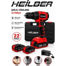 Heilber BA011525 24V Şarjlı Vidalama Matkap Seti 22 Parça 2 Akü Li-Ion Çantalı Profesyonel Akülü Vidalama
