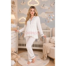 Quilling Ekru Renkli, Kol ve Paçaları Manşetli, 33202 Uzun Kol, 2 Parça Lohusa Hamile Pijama Takımı