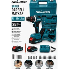 Heilber BA011530 Şarjlı Darbeli Matkap 21V Çift Akülü 3.0AH 25 Parça Set 10 mm Çelik Mandren Vidalama Makine