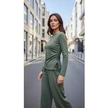Moda Banuş Modal Kumaş Bol Paça Haki Rahat Eşofman Takımı