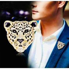 Efeaks Altın Renk Zirkon Taşlı Siyah Renk Mineli Unisex Tasarım Leopar Broş
