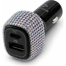 Efeaks Premium Kristal Taşlı 40W Hızlı Araç Şarj Cihazı | Usb-C & USB | Iphone, Samsung Uyumlu