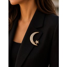 Efeaks Ay Yıldız Taşlı Yaka Broşu | Gold & Gümüş Renk Kristal Taşlı Hilal Yıldız Broş | Ceket, Şal ve Çanta Aksesuarı
