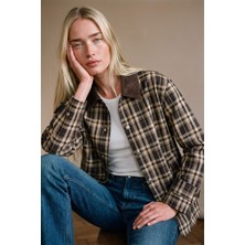 Sue Store Bej Siyah Kahve Kadife Yakalı Ekoseli Oversize Ceket