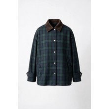 Sue Store Lacivert Yeşil Kahve Kadife Yakalı Ekoseli Oversize Ceket