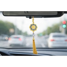 Efeaks Allah Yazılı Taşlı Dikiz Aynası Süsü Mavi Gold Kristal Taşlı Premium Araç Içi Süs