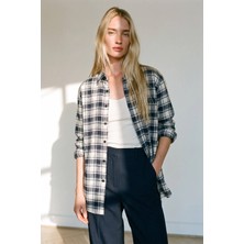 Sue Store Ekru Lacivert Ekoseli Oversize Oduncu Gömleği
