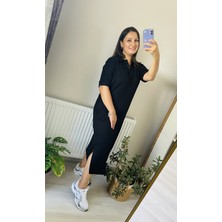 Lotus Butik Kısa Kollu Polo Yaka Pamuklu Yumuşak Esnek Yırtmaç Detay Uzun Elbise