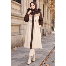 Hafsa Mina Peluş Astarlı Renk Garnili Mont Kahverengi HM2963