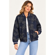 On Triko Boncuk Işlemeli Çiçek Desenli Kolej Yaka Bomber Ceket Mont 10731