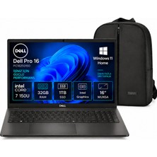 Dell Pro 16 PC16250150 Core 7 150U 32 GB Ram 1tb SSD Intel Graphics 16" Windows 11 Home PC16250150  Wuxga Notebook + Snertech Çanta