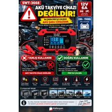 Kılıforyum SWT-1206 12V 12A / 24V 6A Akıllı Dijital Akü Şarj Cihazı 4AH-200AH Lifepo4 Agm Pulse Repair