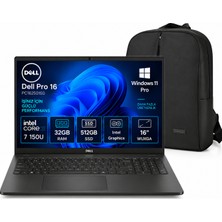 Dell Pro 16 PC16250150 Core 7 150U 32 GB Ram 512 GB SSD Intel Graphics 16" Windows 11 Pro PC16250150  Wuxga Notebook + Snertech Çanta