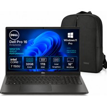 Dell Pro 16 PC16250150 Core 7 150U 32 GB Ram  1tb SSD Intel Graphics 16" Windows 11 Pro PC16250150  Wuxga Notebook + Snertech Çanta