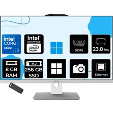 MSI Msı Modern AM242P Intel Core 7 150U 8gb Ram 256GB SSD Intel Graphics 23.8" Full Hd (1920X1080) WIN11 Pro 1M-2288NEUP501 Beyaz All In One Bilgisayar + Per4 USB Bellek