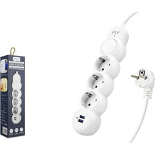 Fly 3393-01 Topraklı Akım Korumalı Uzatma Kablosu Anahtarlı 3 Priz 2 USB 2 M Beyaz