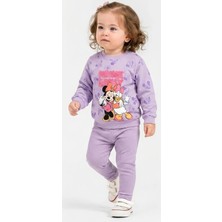 İrem Çocuk Giyim Kız Bebek Mickey Desenli Yazı Nakışlı Lila Renk Sweatshirt Tayt Takımı