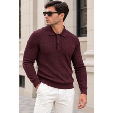 Polo State Erkek Saç Örgü Desenli Uzun Kollu Polo Yaka Triko Kazak - Bordo