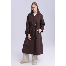 Bolivente Kadın Kahverengi Oversize Trençkot Astarlı Mevsimlik Trençkot