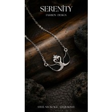 Serenity Siyah Mineli Çift Kuğu Çelik Kolye