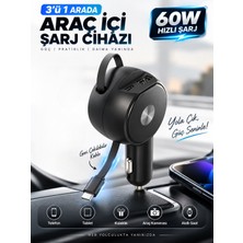 Deanb 60W 3.4A Hızlı Araç Şarj Cihazı 3'ü 1 Arada Geri Çekilebilir 65CM Kablolu Type-C USB Çakmaklık Şarj Adaptörü