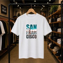 Playwear San Fran Cısco Gögüs Baskılı %100 Pamuk Oversize Bol Regular Fit Bisiklet Yaka T-Shirt