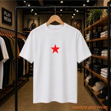 Playwear Kızıl Yıldız Baskılı %100 Pamuk Oversize Bol Regular Fit Bisiklet Yaka T-Shirt