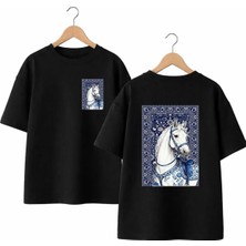 Playwear Tablo At Sırt ve Ön Gögüs Baskılı %100 Pamuk Oversize Bol Regular Fit Bisiklet Yaka T-Shirt