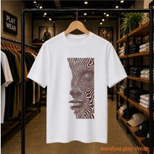 Playwear Desen Face V1 Baskılı %100 Pamuk Oversize Bol Regular Fit Bisiklet Yaka T-Shirt
