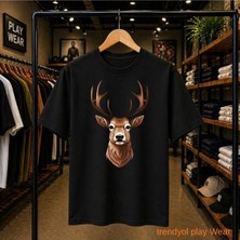 Playwear Geyik Kaf Baskılı %100 Pamuk Oversize Bol Regular Fit Bisiklet Yaka T-Shirt