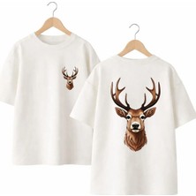 Playwear Geyik Kaf Sırt ve Ön Gögüs Baskılı %100 Pamuk Oversize Bol Regular Fit Bisiklet Yaka T-Shirt