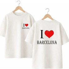 Playwear I Love Barcelona Sırt ve Ön Gögüs Baskılı %100 Pamuk Oversize Bol Regular Fit Bisiklet Yaka T-Shirt