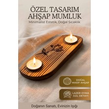 Myend Ahşap El Yapımı Iki Bölmeli S Kıvrımlı Tasarım Mumluk, Doğal Ahşap Lazer Gül Detaylı Tealight Mumluğu