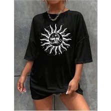İndirim Modam Indirim Modam Kadın Baskılı T-Shirt Kısa Kol Bisiklet Yaka Regular Fit Rahat Kalıp Tişört - Siyah
