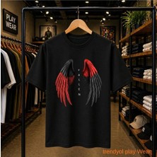 Playwear Red Blac Kanaat Baskılı %100 Pamuk Oversize Bol Regular Fit Bisiklet Yaka T-Shirt