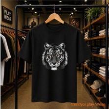 Playwear Kaplan Gögüs Baskılı %100 Pamuk Oversize Bol Regular Fit Bisiklet Yaka T-Shirt