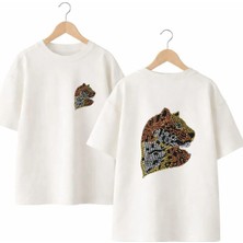 Playwear Taşlı Kaplan Sırt ve Göğüs Baskılı %100 Pamuk Oversize Bol Regular Fit Bisiklet Yaka T-Shirt