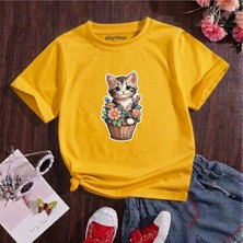 Playwear Saksı Kedi Bear Baskılı %100 Çocuk Unisex T-Shirt 5 6 -7 8-9 10 -11 12 Yaş