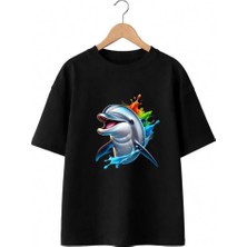 Playwear Gülen Balina Baskılı %100 Pamuk Oversize Bol Regular Fit Bisiklet Yaka T-Shirt