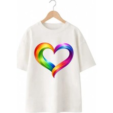 Playwear Gökkuşağı Kalp Baskılı %100 Pamuk Oversize Bol Regular Fit Bisiklet Yaka T-Shirt