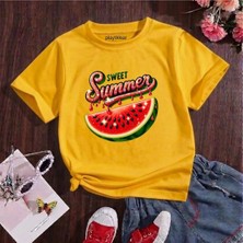 Playwear Summer Karpuz Baskılı %100 Pamuk Bisiklet Yaka Çocuk Unisex T-Shirt 5 6 -7 8-9 10 -11 12 Yaş