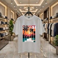 Playwear Sunset 2026 Yeni Sezon V1 Baskılı %100 Pamuk Oversize Bol Kalıp Regular Fit Bisiklet Yaka T-Shirt