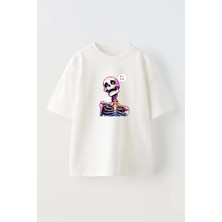 Nmg Tekstil Unisex Beyaz Oversize Pamuk Pembe Kurukafa Baskılı Örme T-Shirt