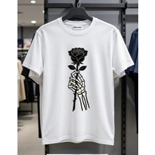 Playwear Play Wear Unisex Bol Kalıp Iskelet Siyah Gül Bisiklet Yaka Baskılı T-Shirt
