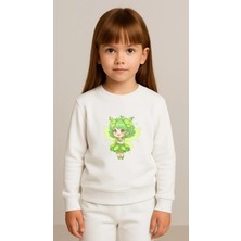 Playwear Çocuktakım Sweatshirt Yeşil Peri Baskılı Kız Erkek Çocuk Bisiklet Yaka3 4-5-6-7-8-9-10-11-12YAŞ