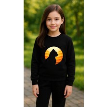 Playwear Takım Sweatshirt Ay Kedi Baskılı Kız Erkek Çocuk Bisiklet Yaka3 4-5-6-7-8-9-10-11-12YAŞ