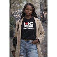 Dupe Design I Love My Boyfriend Baskılı Oversize Siyah Sevgili T-Shirt