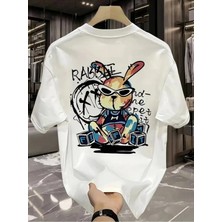 Moda Güneş Gözlüğü Grafikli Karikatür Tavşan Oversize Kısa Kollu Tişört Çift Tişört, Ilkbahar ve Yaz - Be