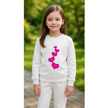 Playwear Çocuktakım Sweatshirt Kalpler Pembe Baskılı Kız Erkek Çocuk Bisiklet Yaka3 4-5-6-7-8-9-10-11-12YAŞ